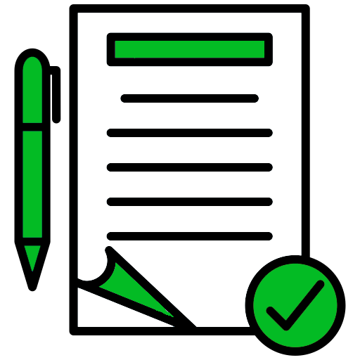 Green and black icon of a proposal document, pen and approval checkmark