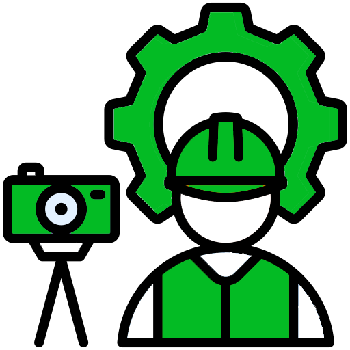 Green and black icon of a site survey technician beside surveying equipment