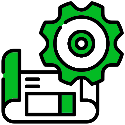 Green and black icon of a technical plan with an engineering gear