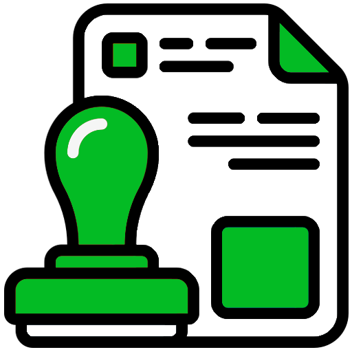 Green and black icon of an engineering stamp on a document