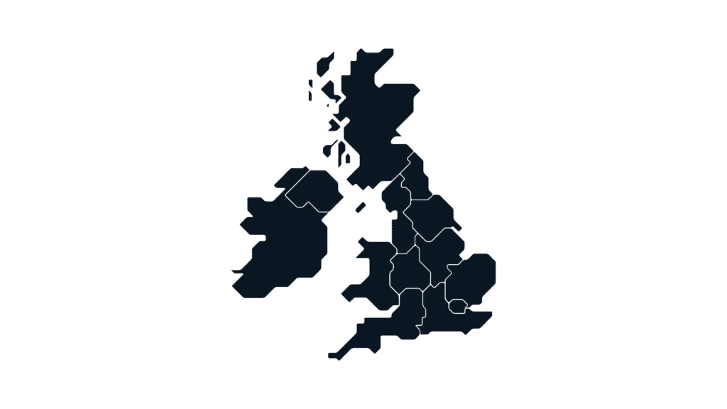 Dark map of the United Kingdom and Ireland with regional boundaries