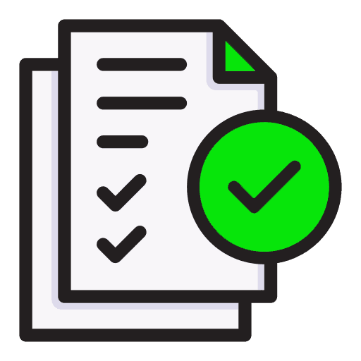 Green and black icon of approved documents with checkmarks