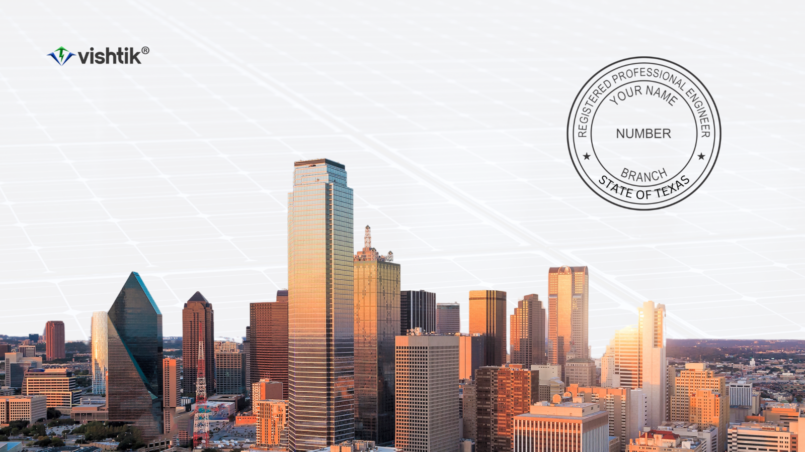 A Guide for Solar PE Stamping Authorities : Texas, California, and Florida dallas skyline with a texas professional engineer stamp graphic