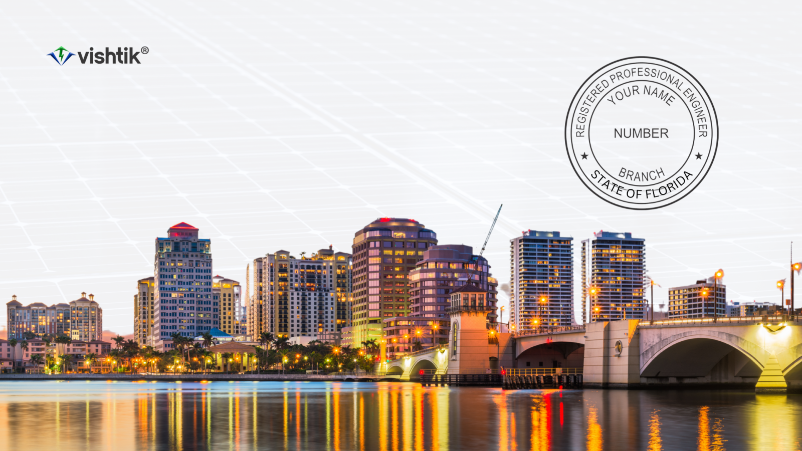 A Guide for Solar PE Stamping Authorities : Texas, California, and Florida florida city skyline with a professional engineer stamp graphic