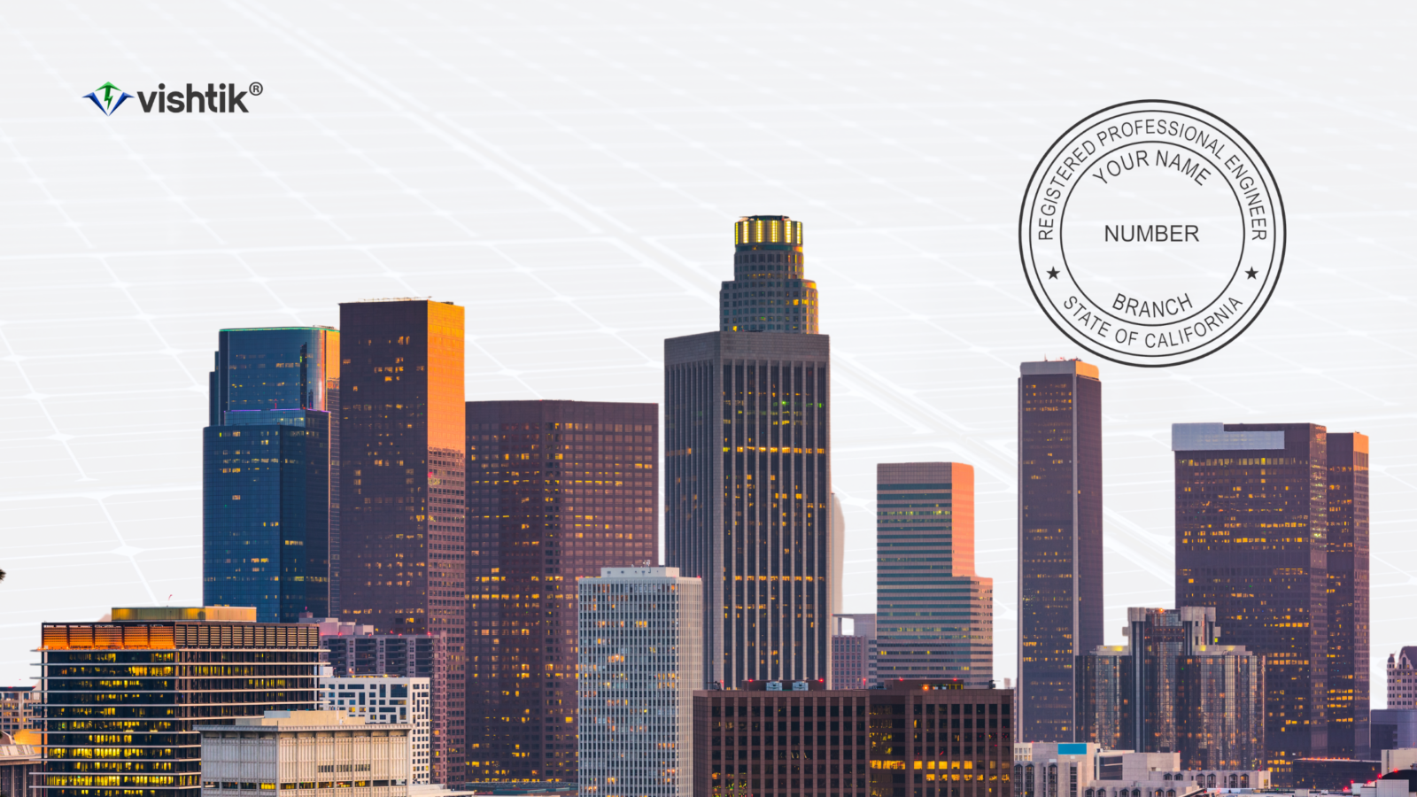 A Guide for Solar PE Stamping Authorities : Texas, California, and Florida los angeles skyline with a california professional engineer stamp graphic