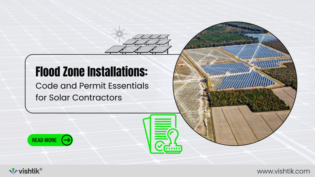 Blog banner about code and permit essentials for solar installations in flood zones