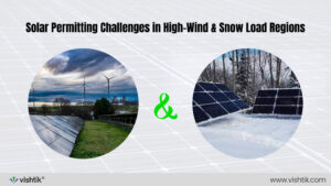 Blog banner about solar permitting challenges in high-wind and heavy snow regions