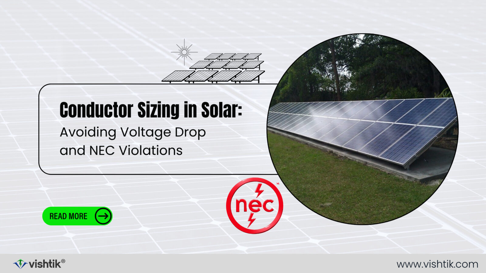 Blog banner about solar conductor sizing, voltage drop and NEC compliance
