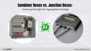 Blog banner comparing combiner boxes and junction boxes for solar DC aggregation