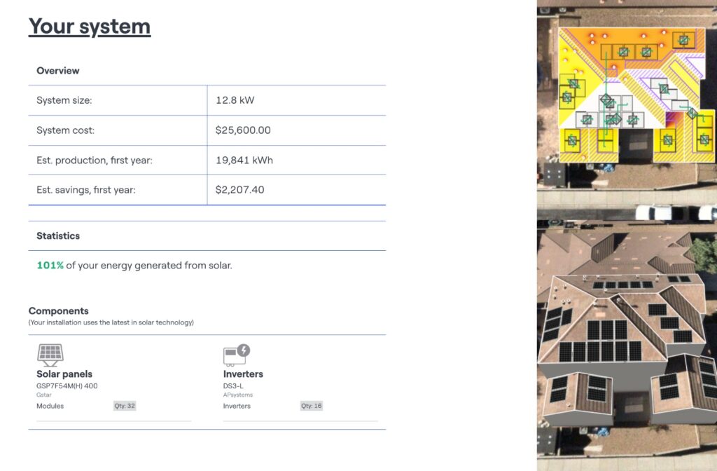 12.8 kW residential solar proposal with system cost, energy production and rooftop layout