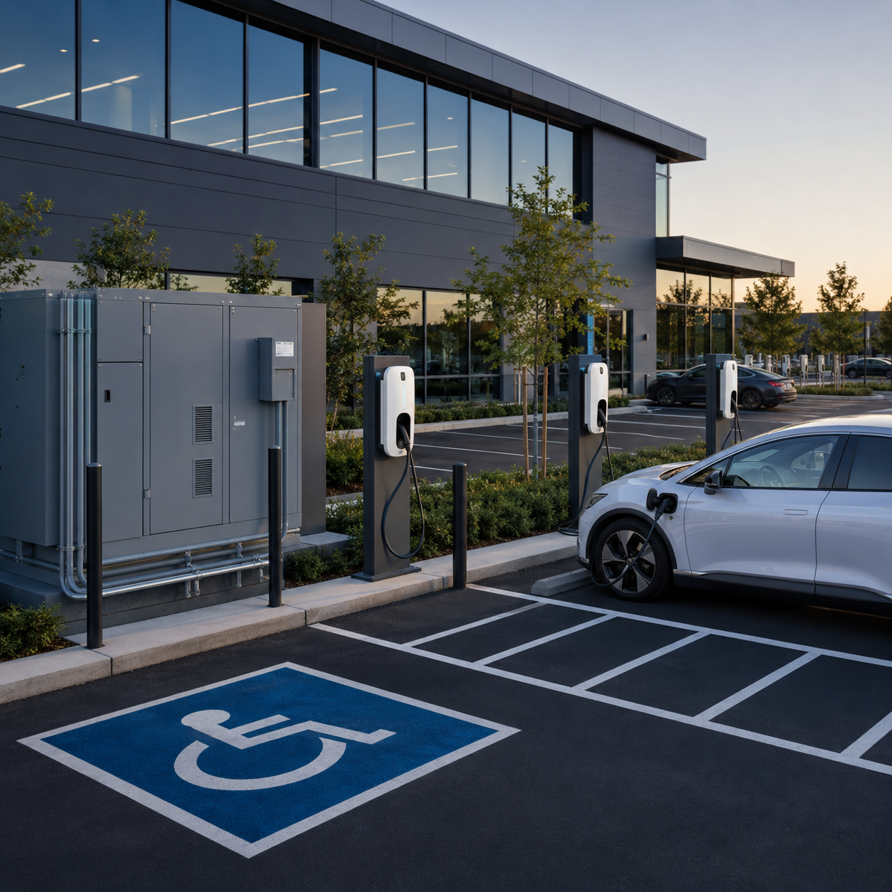 accessible ev charging space with wall mounted chargers and electrical equipment