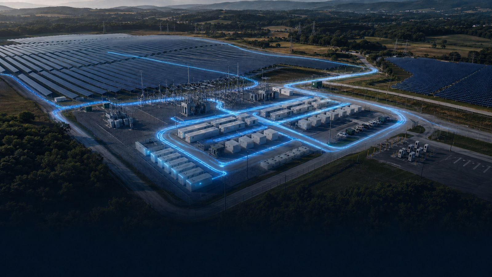 aerial energy flow visualization linking a solar farm electrical substation and battery storage