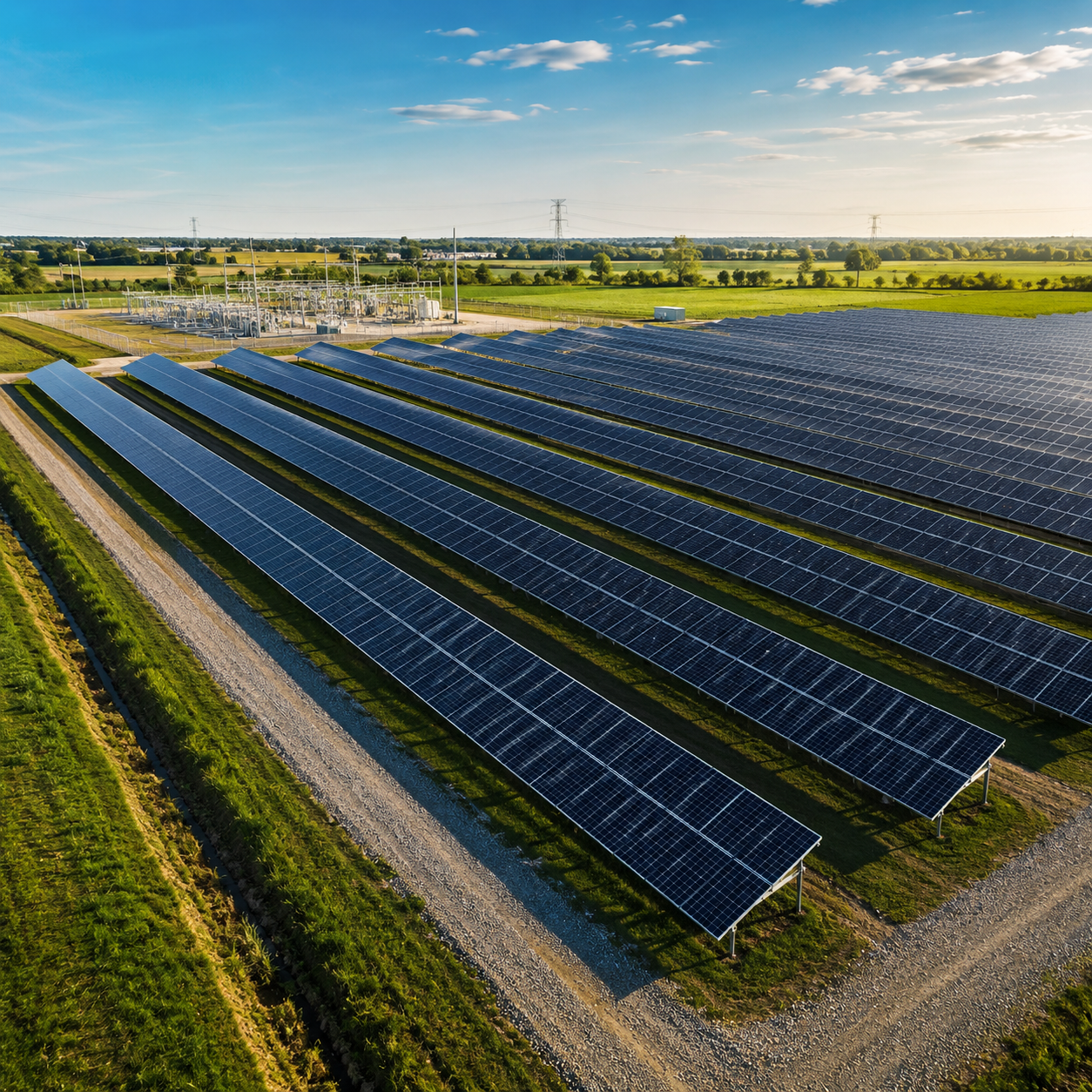 aerial view of a utility scale solar farm beside an electrical substation