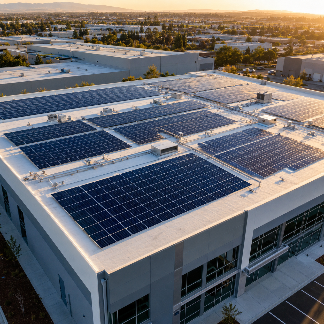 aerial view of photovoltaic panels installed across a large commercial building roof