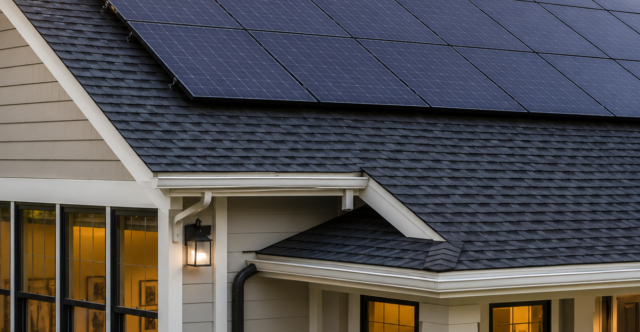Close view of photovoltaic panels installed on a residential shingle roof