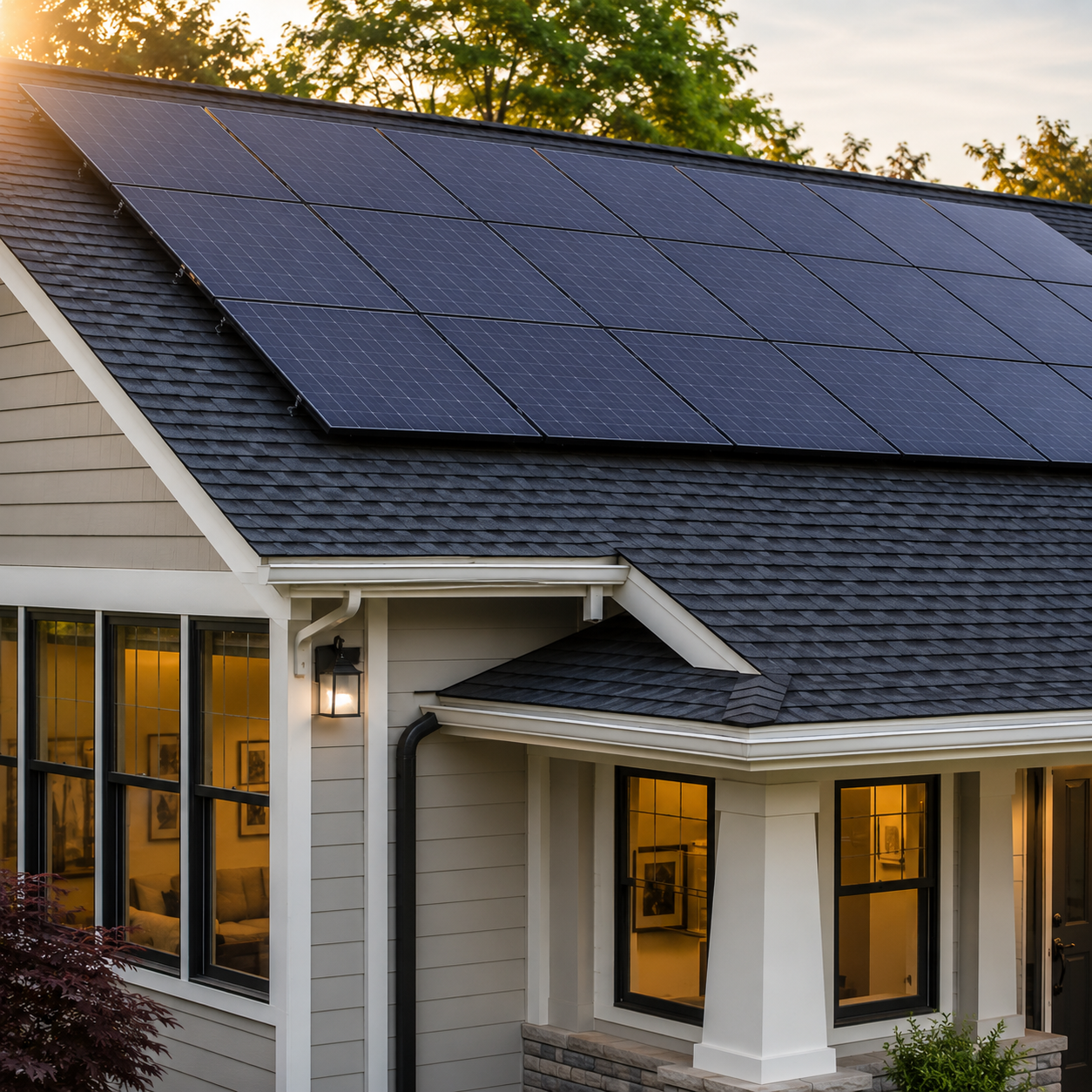 close view of photovoltaic panels installed on a residential shingle roof