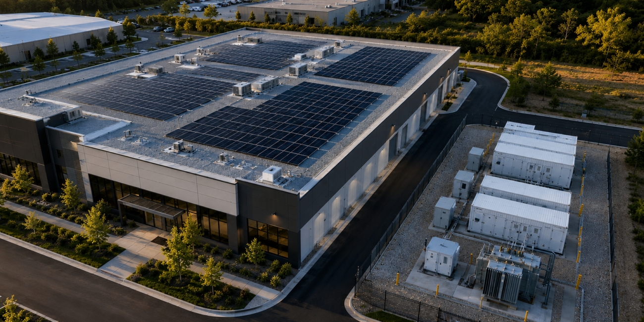 Commercial building with rooftop solar panels and a containerized battery storage system