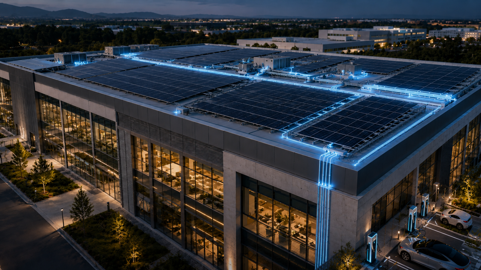 commercial building with rooftop solar panels and ev charging stations linked by energy flow