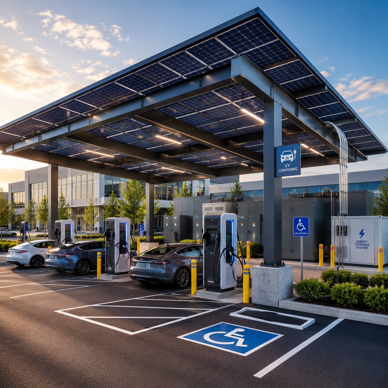 commercial ev charging stations under a solar canopy beside a battery energy storage system