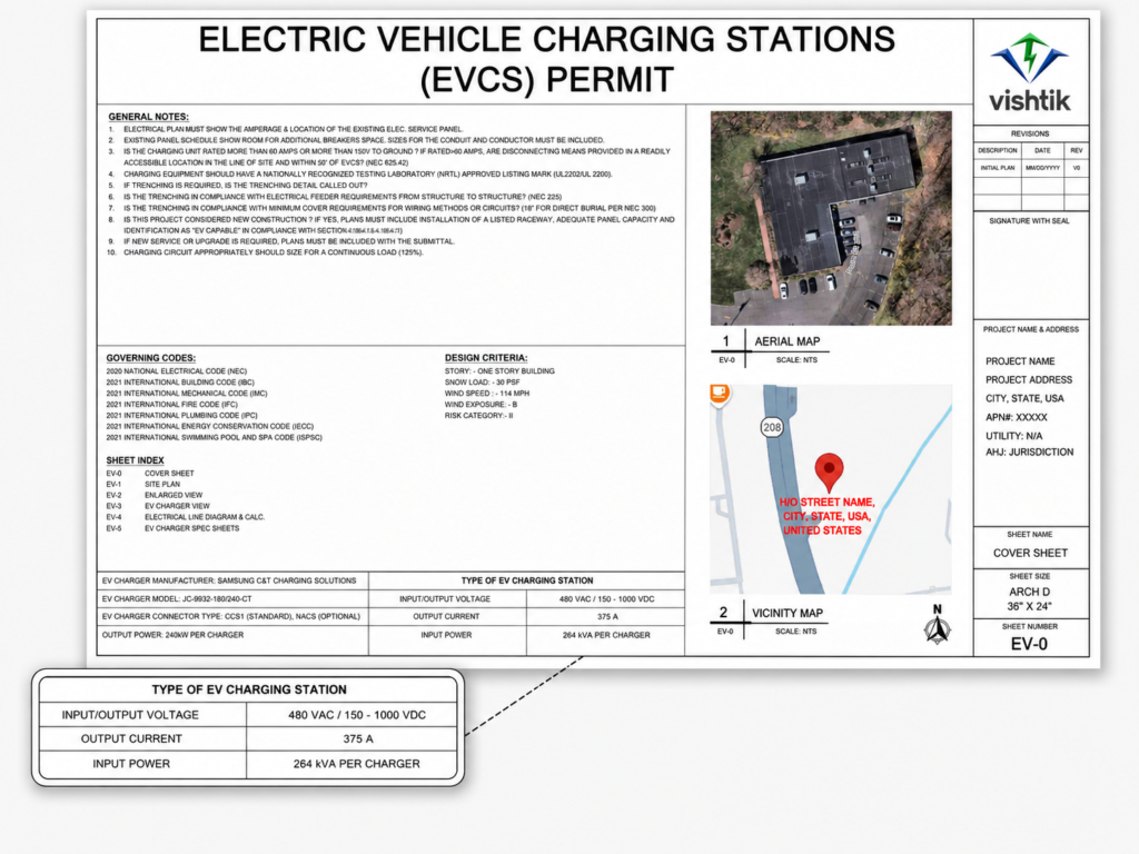 Commercial high-power EV charging station permit cover sheet with site maps and design notes