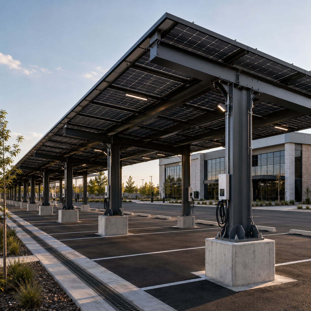 commercial parking canopy with solar panels and electric vehicle charging stations