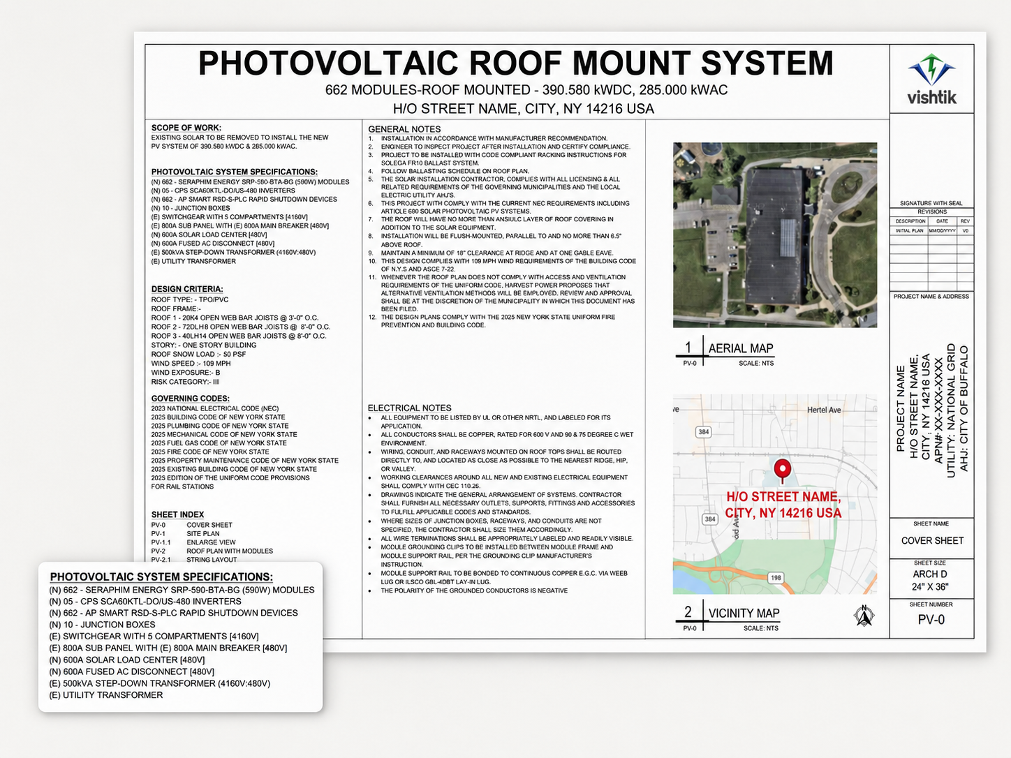 Commercial Permit Design Commercial rooftop photovoltaic permit cover sheet with aerial and vicinity maps