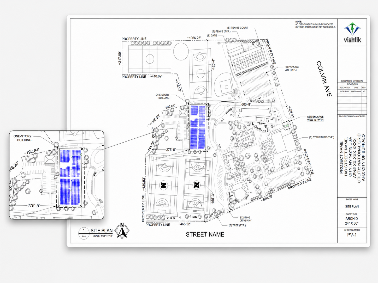 Commercial Permit Design Commercial rooftop solar permit site plan showing photovoltaic module placement on a recreation complex