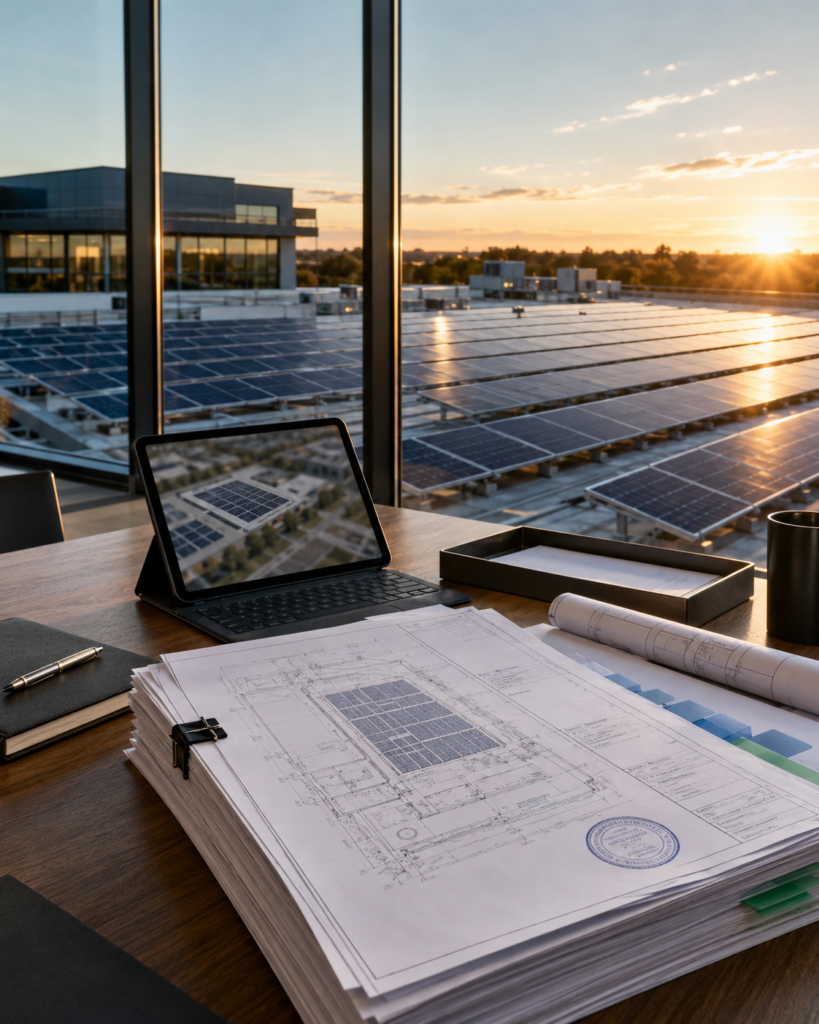 Commercial solar permit drawings on a desk overlooking a rooftop photovoltaic array