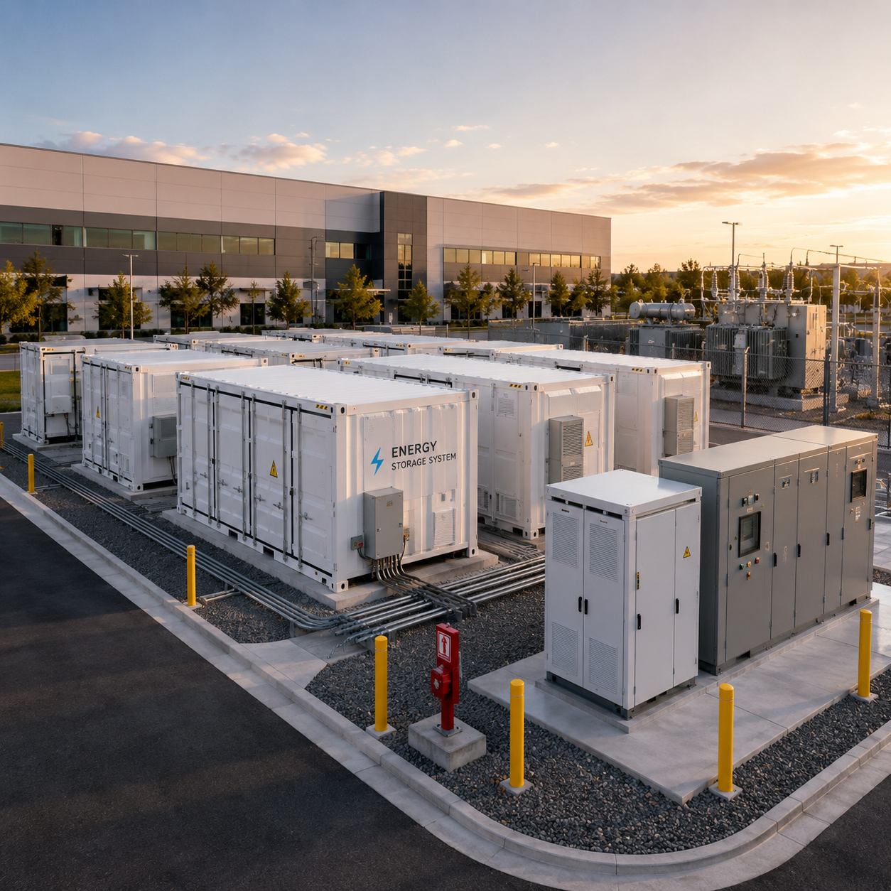 containerized commercial battery energy storage system beside an electrical substation