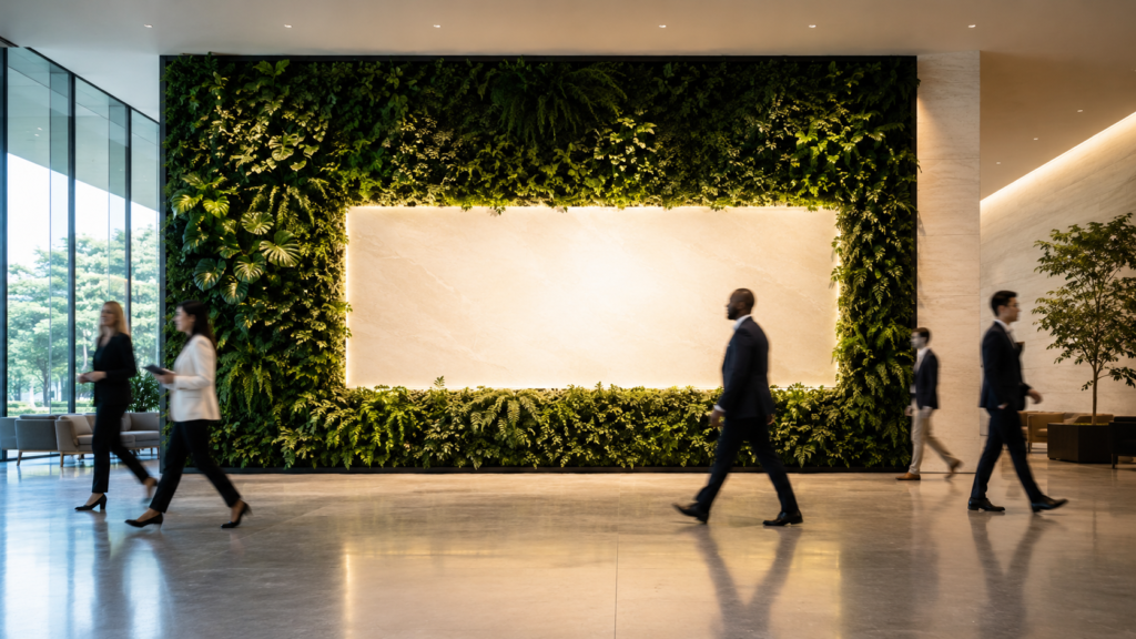 Corporate office lobby with a large indoor living wall and business professionals