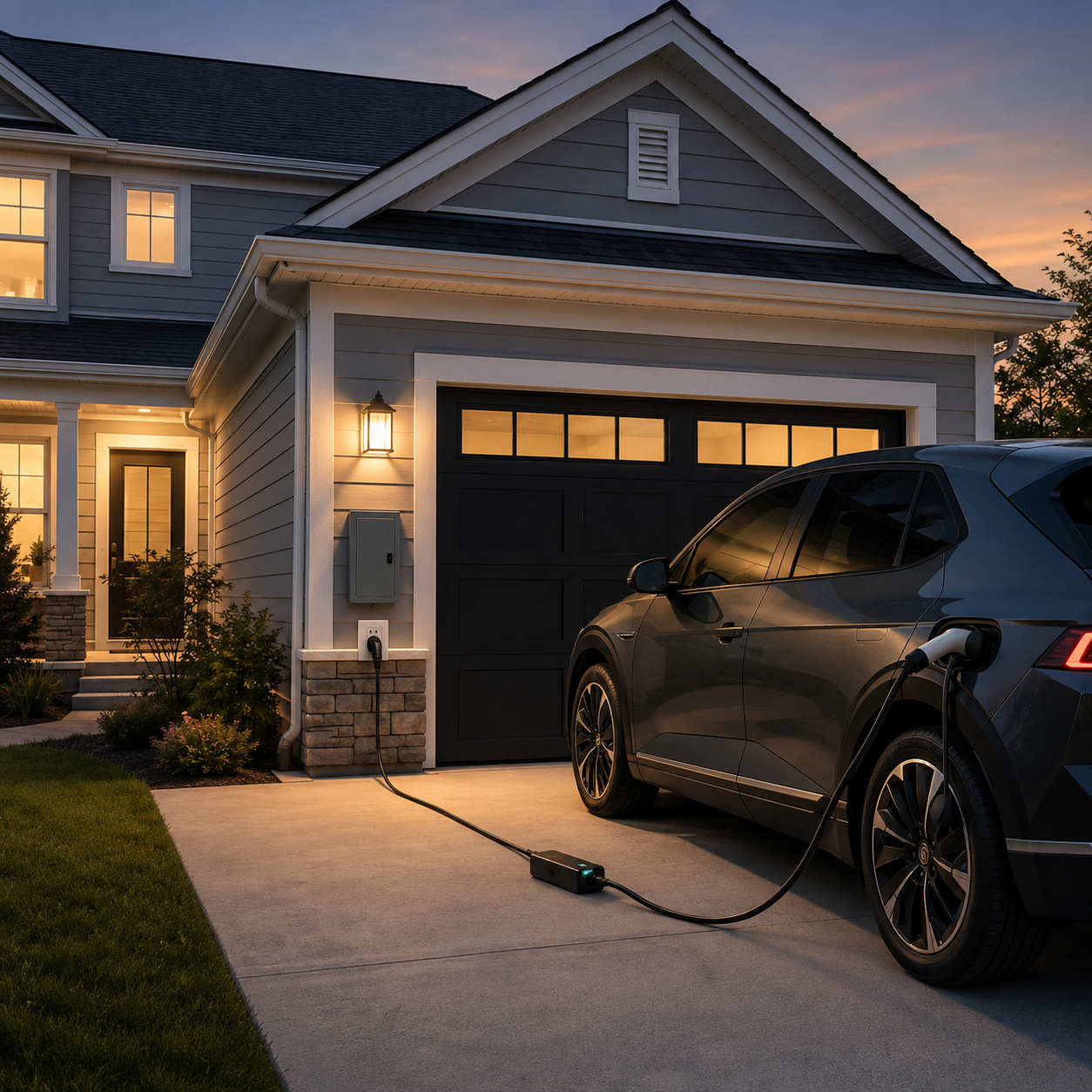 electric vehicle charging from a wall mounted home charger beside a residential garage