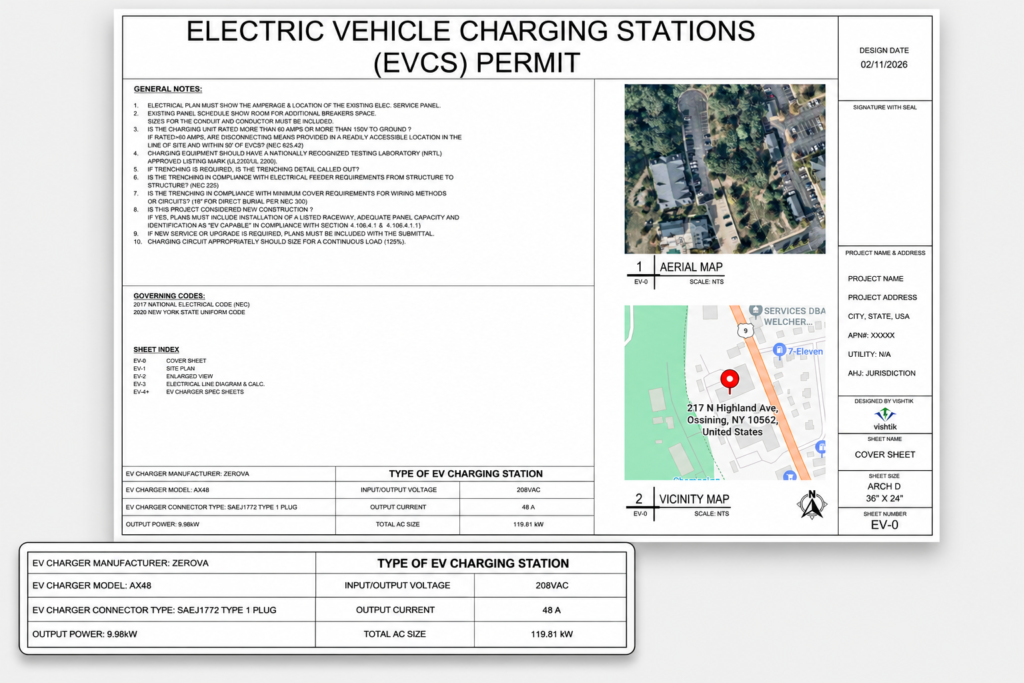 Electric vehicle charging station permit cover sheet with aerial and vicinity maps