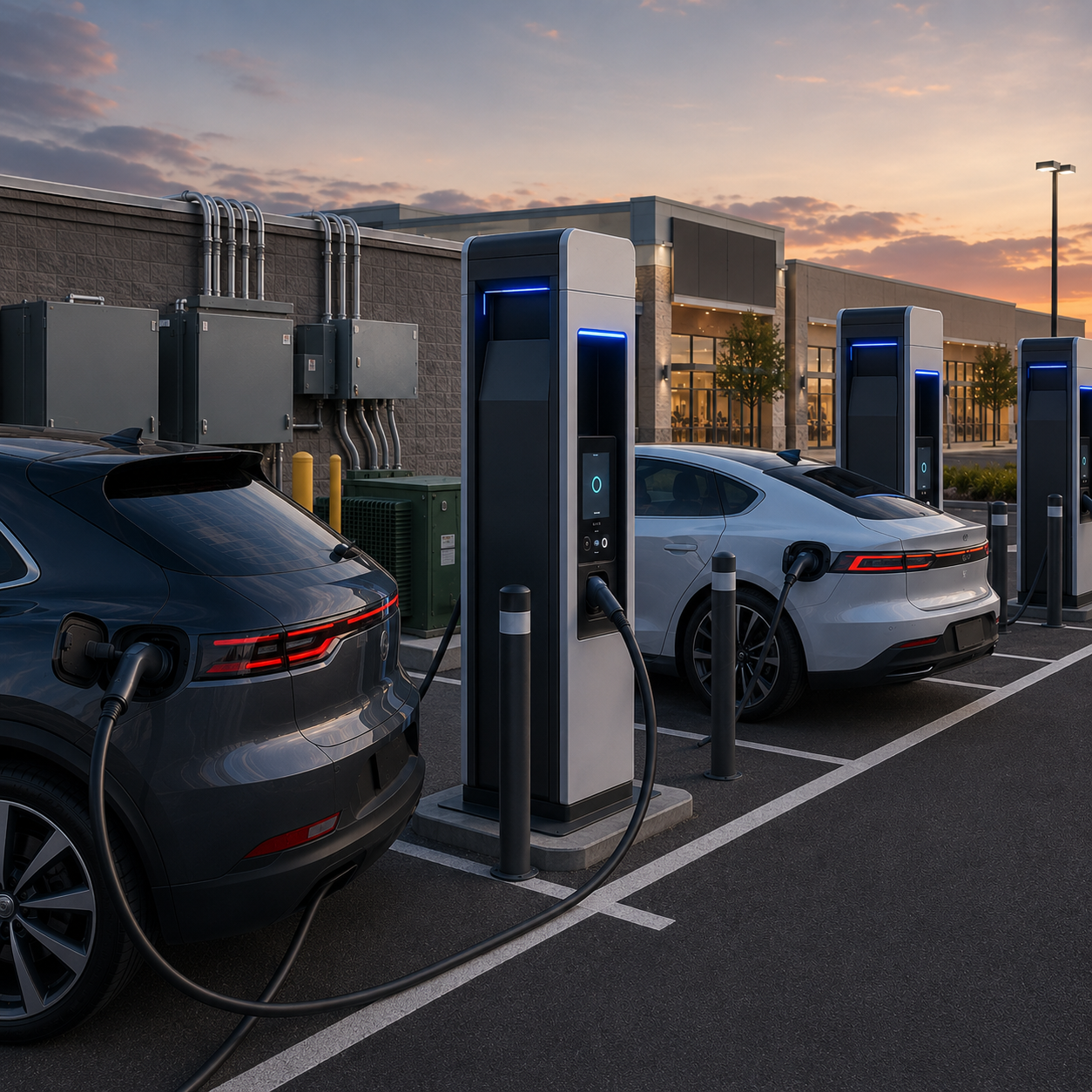 electric vehicles connected to dc fast chargers at a commercial parking lot