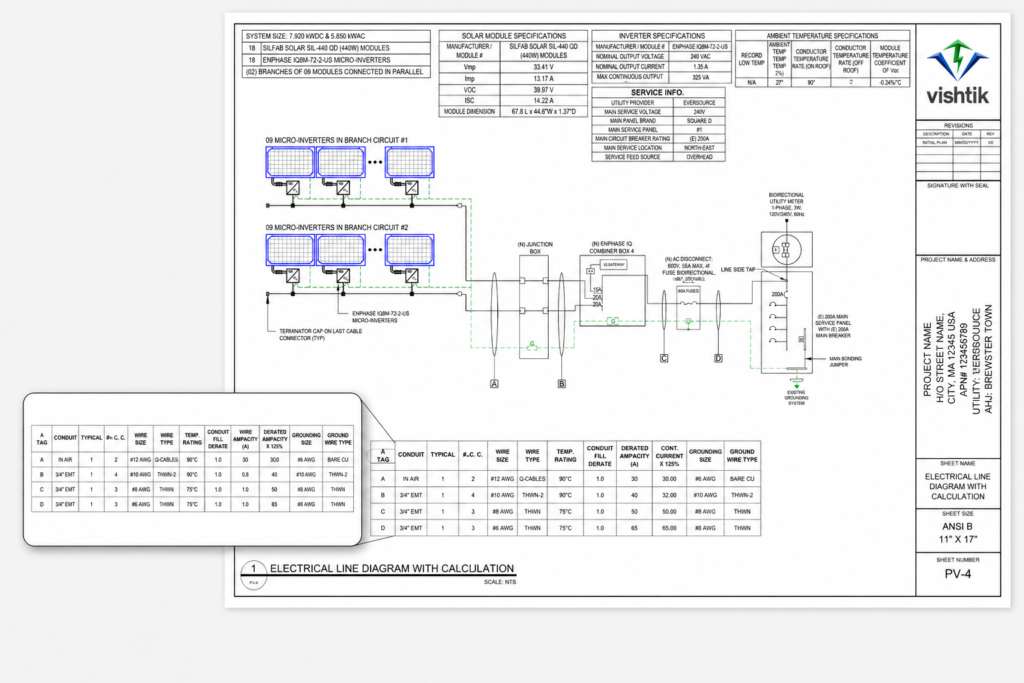 Electrical line diagram for an 18-module residential solar system with Enphase microinverters