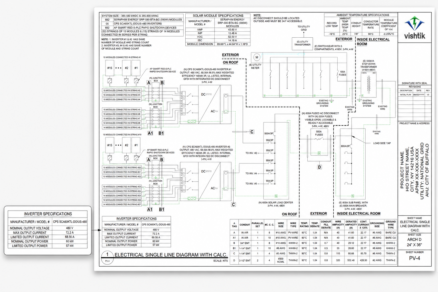 Commercial Permit Design Electrical single-line diagram for a 390.58 kW commercial rooftop solar system