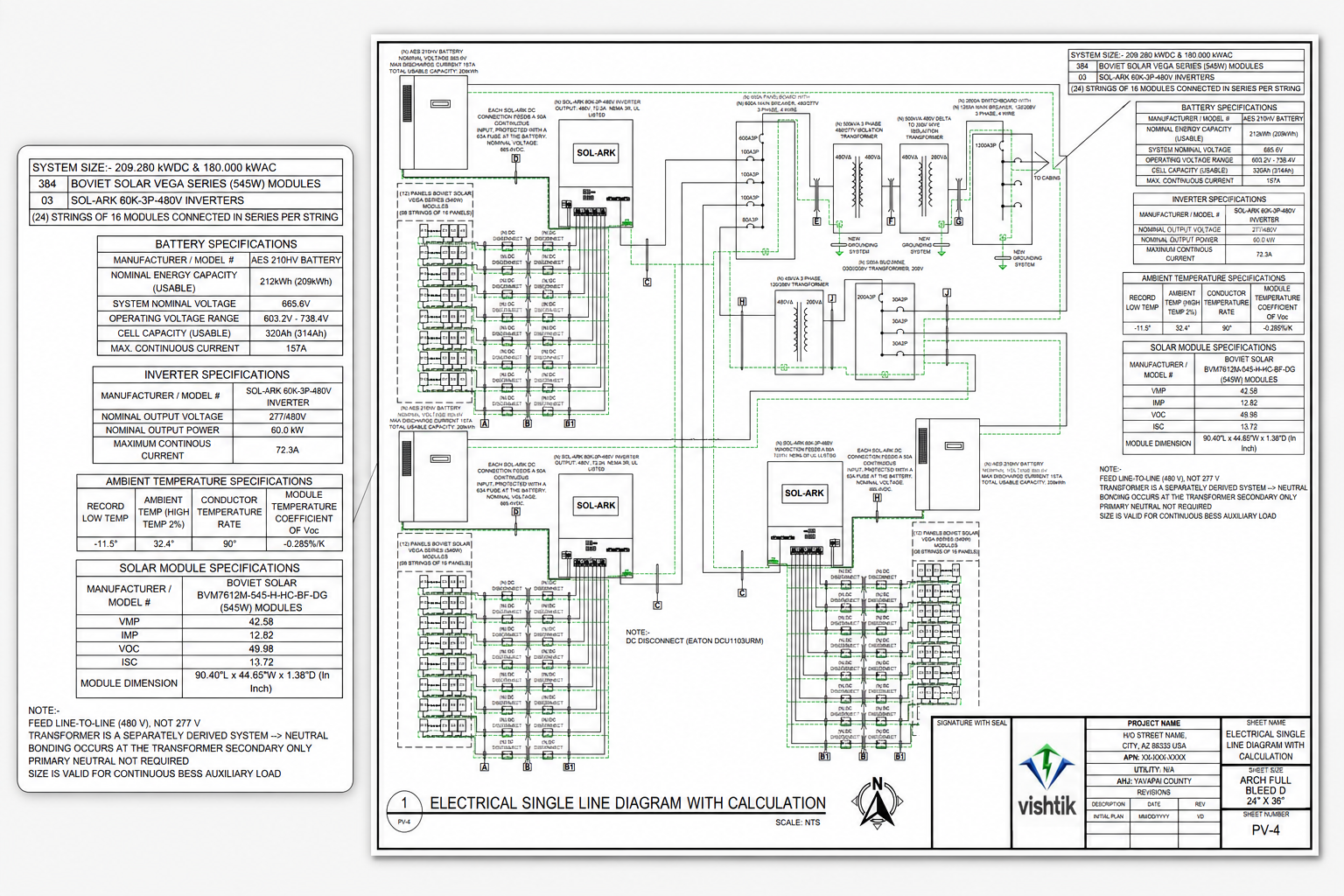 Commercial Permit Design Electrical single-line diagram for a ground-mount solar array and battery storage system