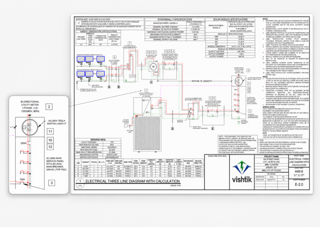 Electrical three-line diagram for a residential solar array and Tesla Powerwall system