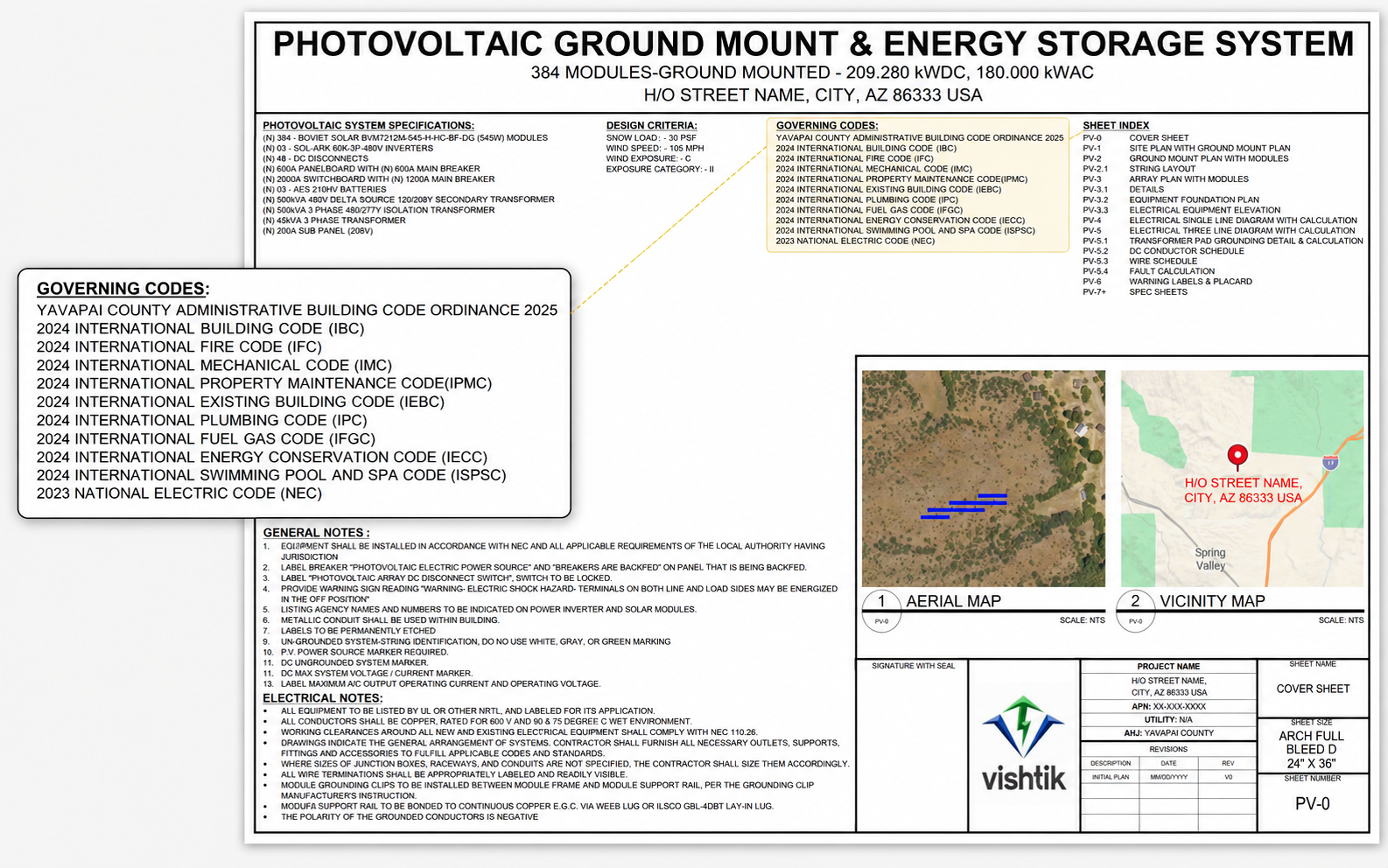 Commercial Permit Design Ground-mount photovoltaic and energy storage permit cover sheet with aerial and vicinity maps