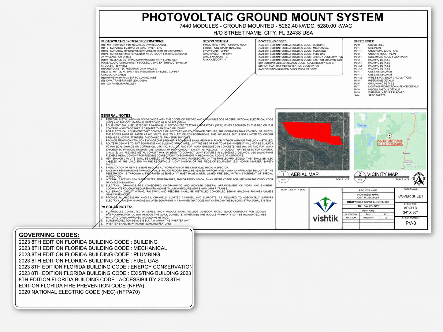 Commercial Permit Design Ground-mount photovoltaic system permit cover sheet for a 5.28 MW solar project
