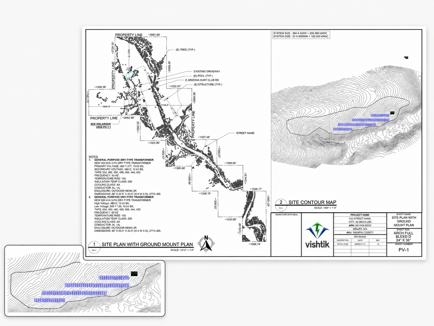 Commercial Permit Design Ground-mount solar permit drawing with site layout and topographic contour map