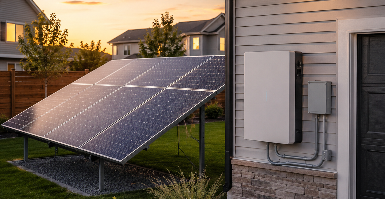 Ground-mounted solar array and wall battery installed beside a residential garage