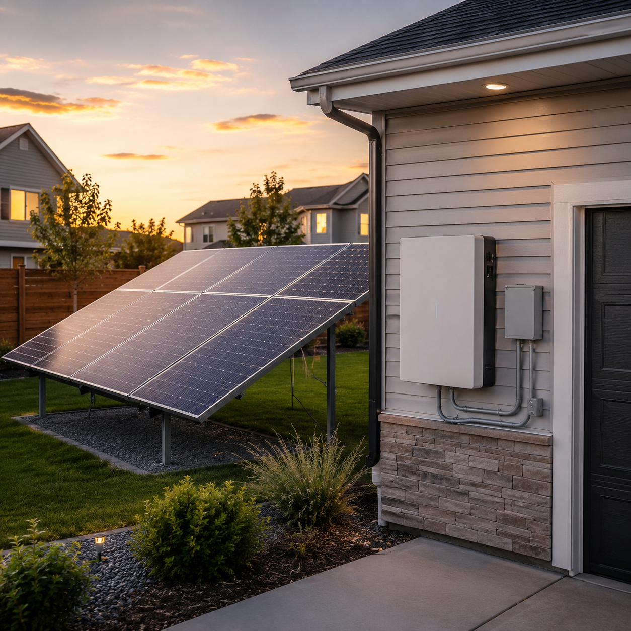 ground mounted solar array and wall battery installed beside a residential garage