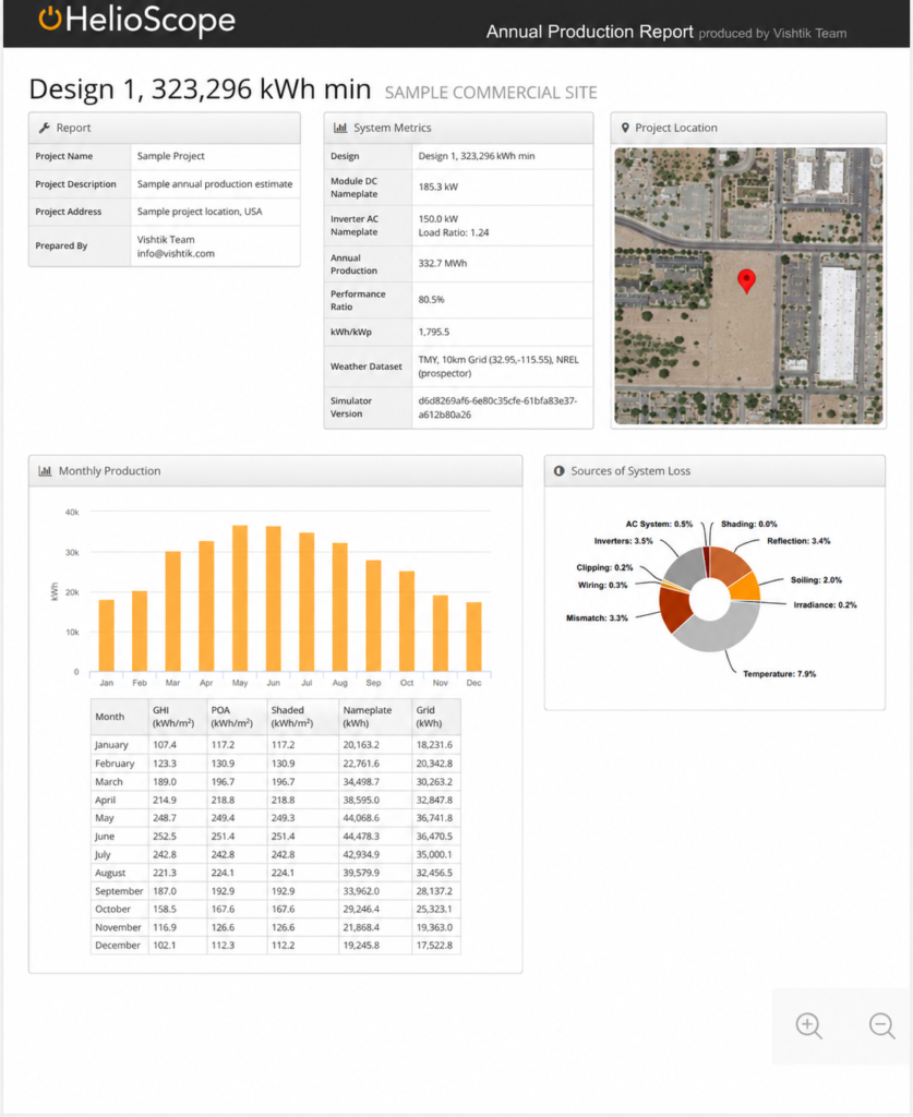 HelioScope commercial solar production report with monthly output and system loss charts