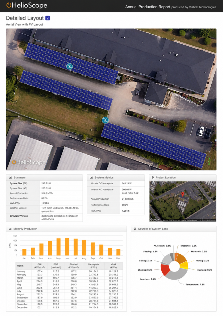 HelioScope report showing commercial solar array layout and annual energy production