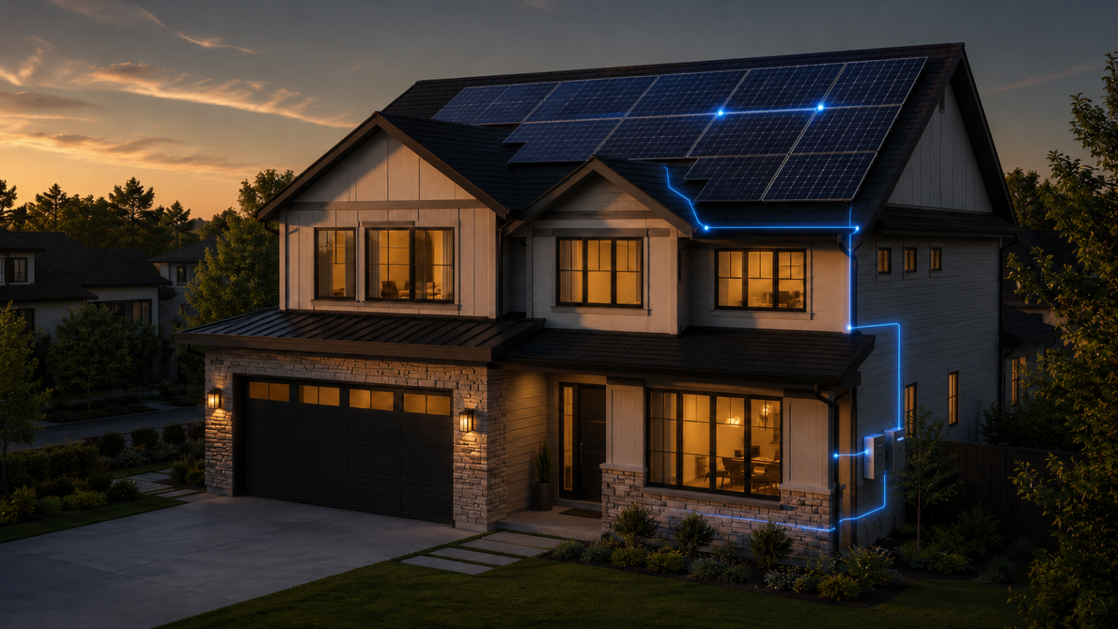 home with rooftop solar panels and illuminated energy flow to electrical equipment