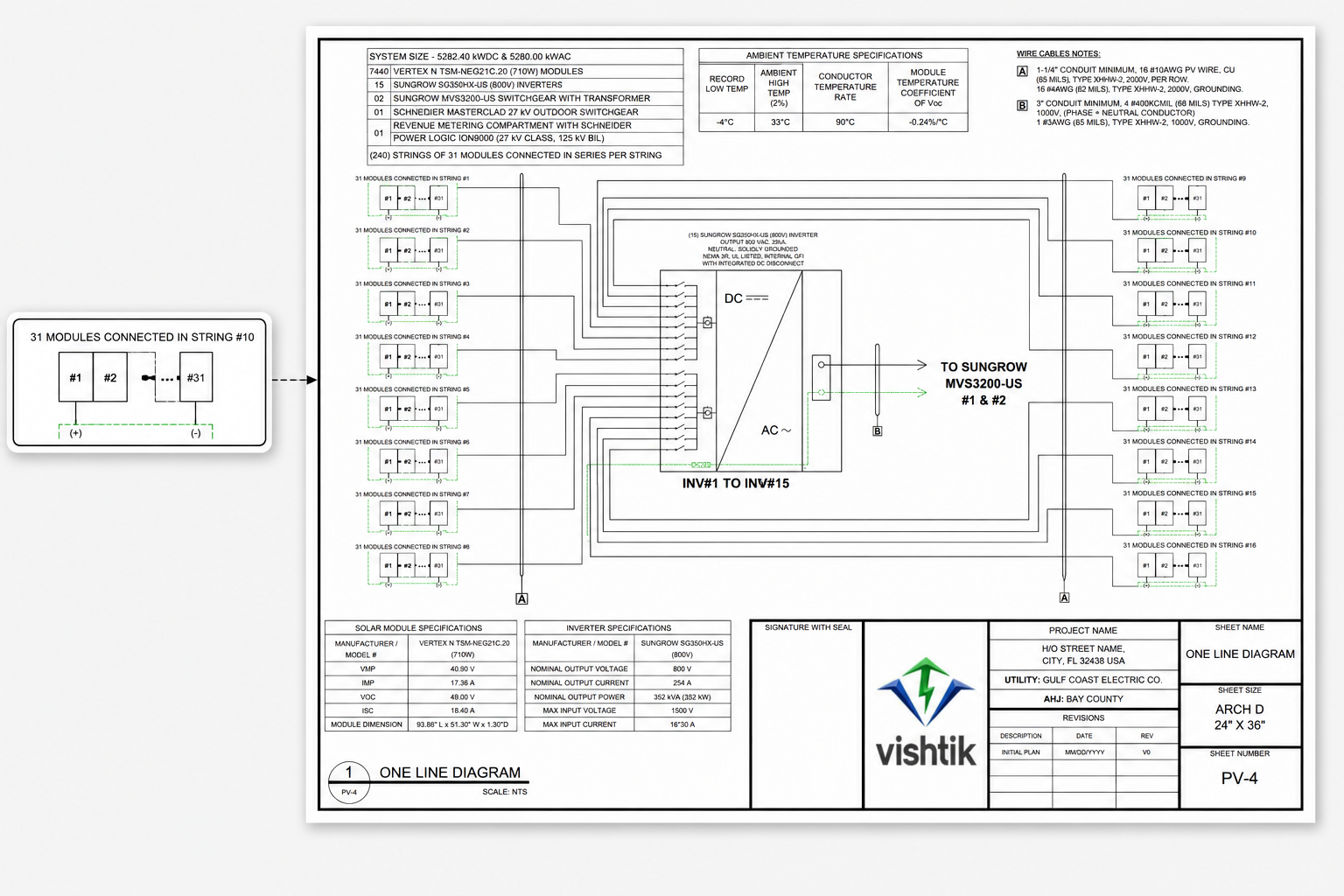 Commercial Permit Design One-line electrical diagram showing module strings and inverters for a utility-scale solar system