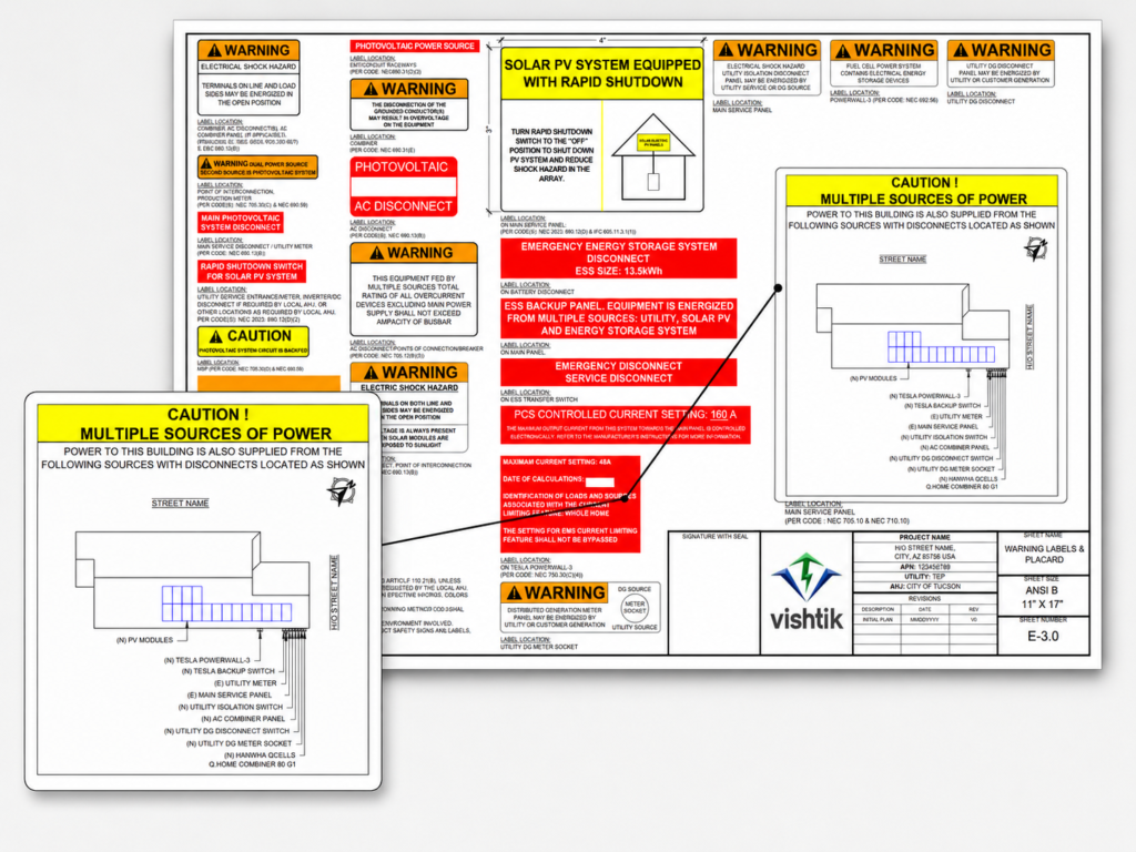 Permit drawing of required warning labels and placards for a solar and battery storage system