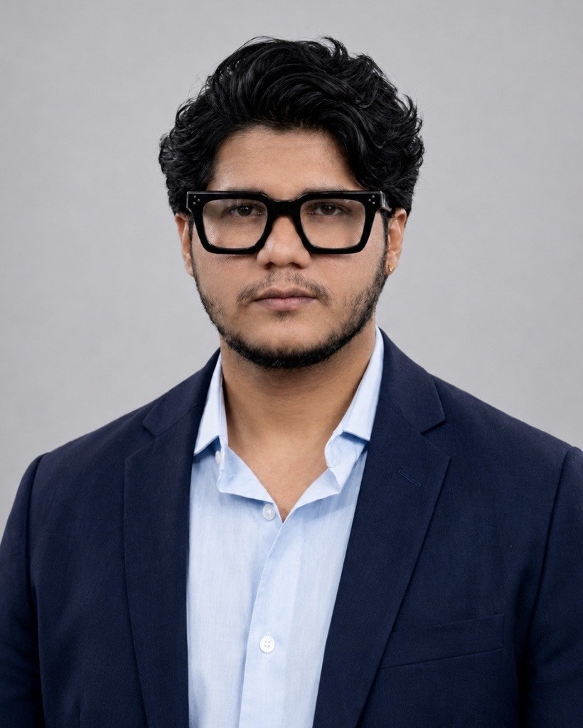 Professional headshot of a Vishtik leadership team member wearing a navy blazer and glasses