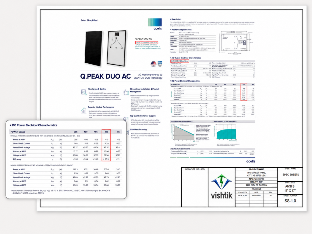 Qcells Q.PEAK DUO AC solar module specification sheet used in residential permit plans