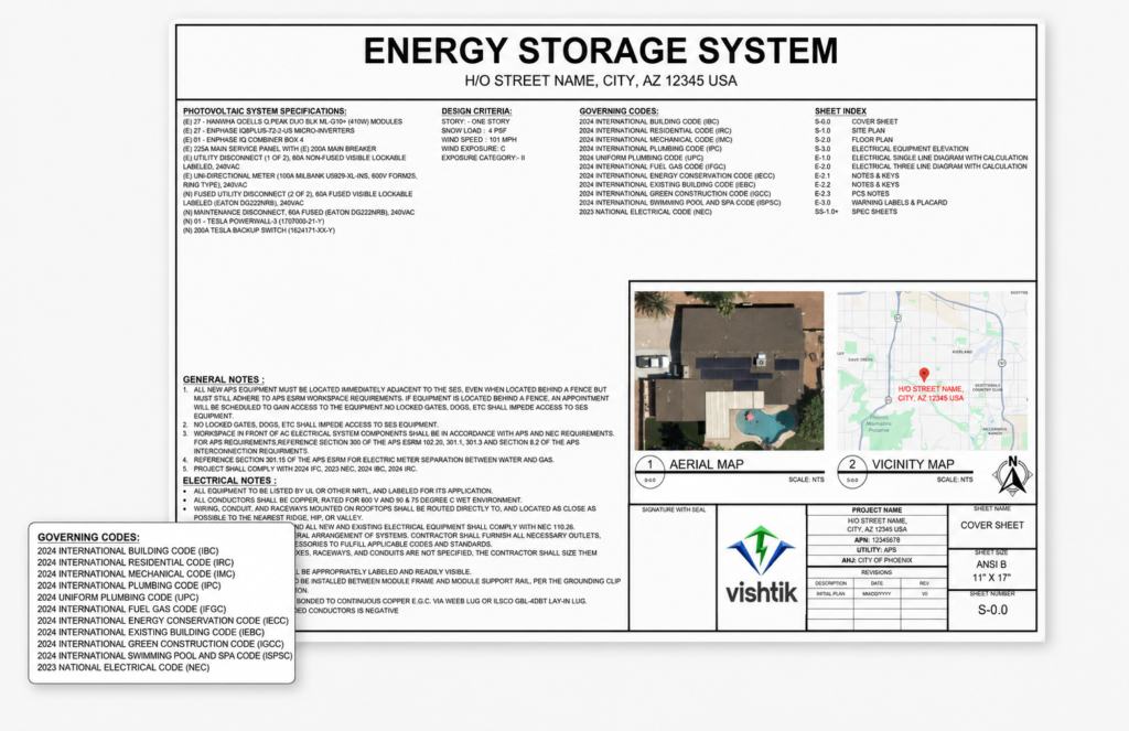 Residential energy storage system permit cover sheet with project maps and code information